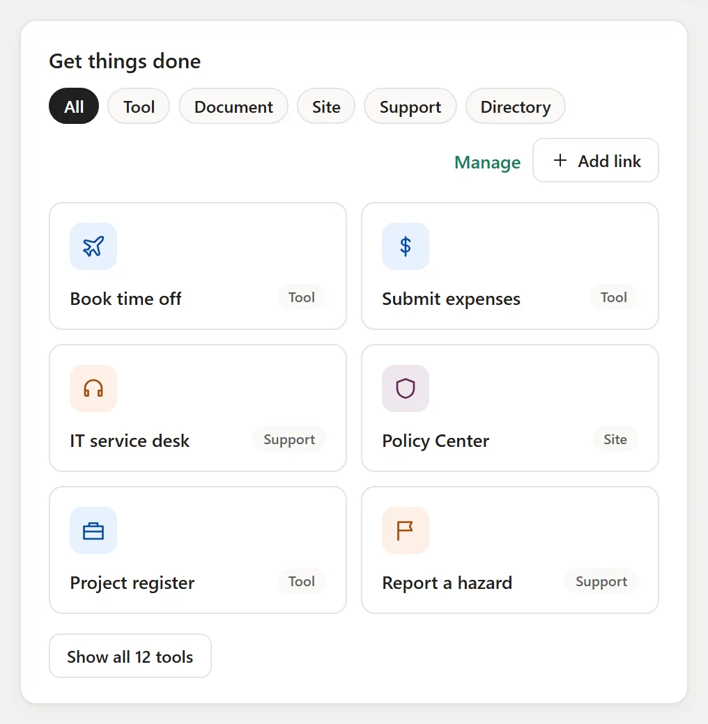 Every tool, form and site people need, one tap from the home page.