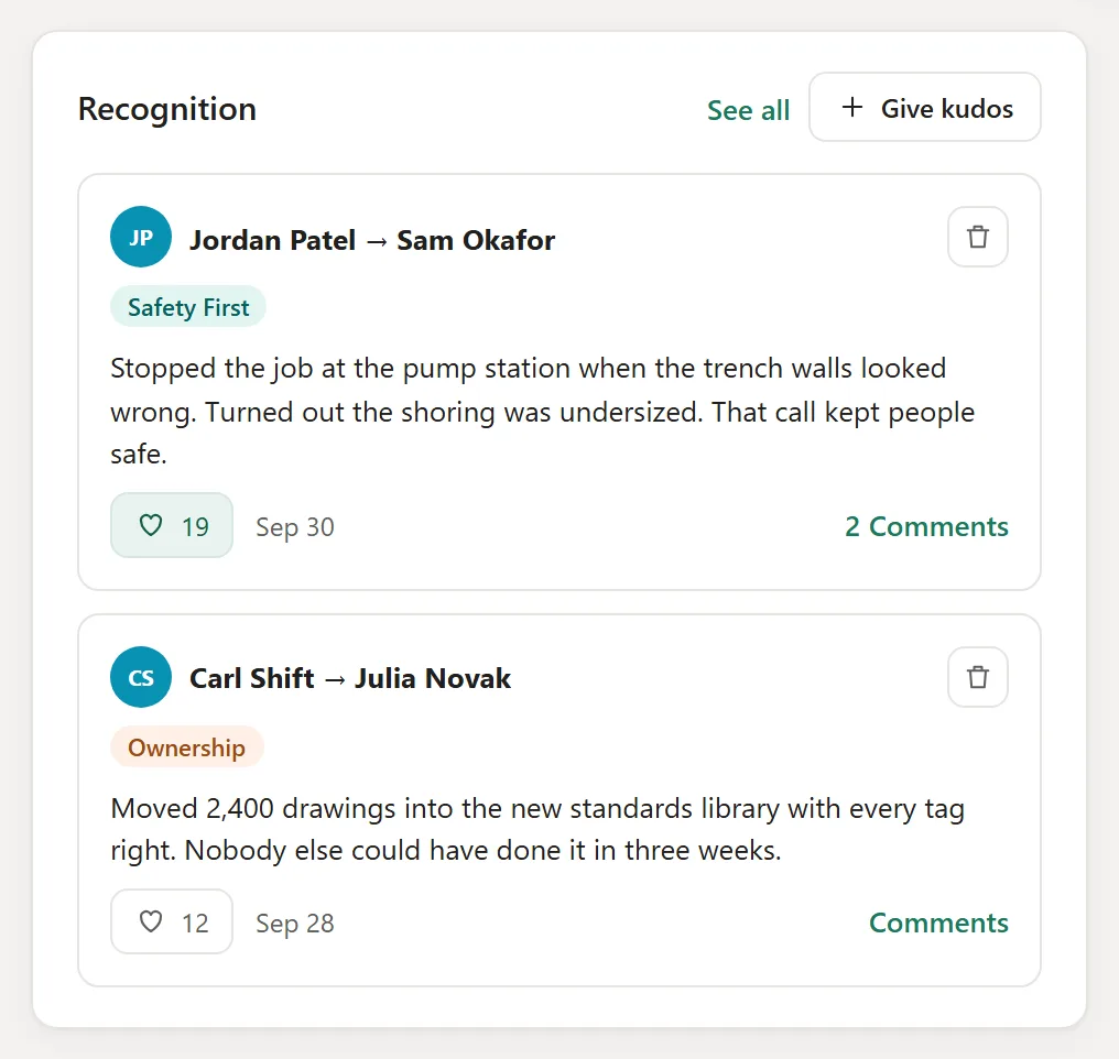Recognition: anyone can thank a colleague, tied to the company values.